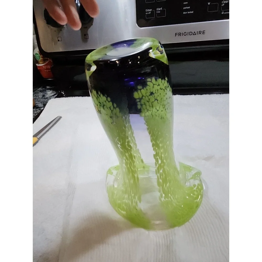 VTG~Murrhina Spatter~Lime Green/Purple~Art Glass Vase~Flared Lip~Hand Blown~8